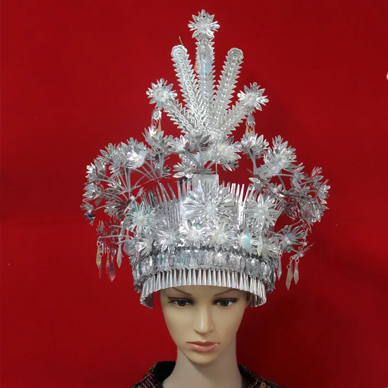 Chapeau Coloré Argent ATA Ao pour Femme, Pièce de Sauna Traditionnel, Spectacle sur Scène, Vêtements de Sauna de Danseuse, National Chinois Vintage