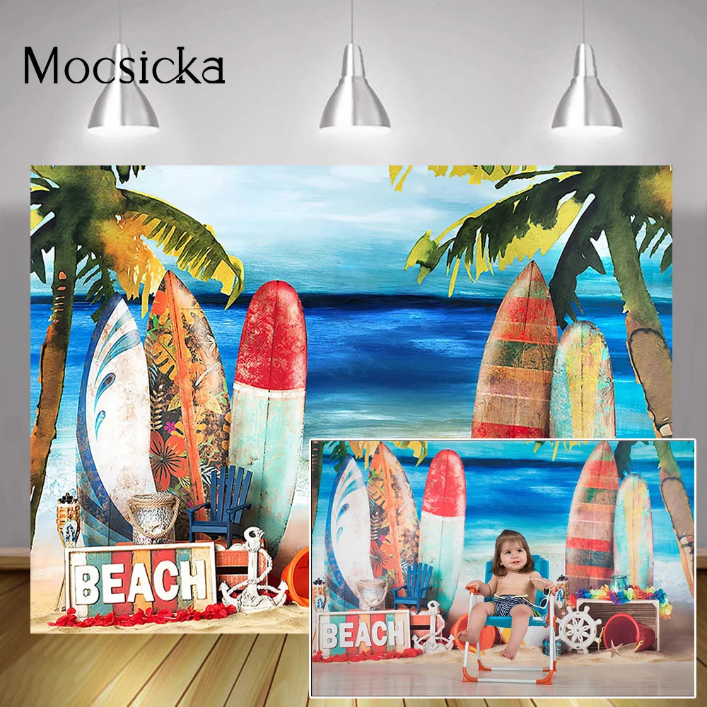 Summer Beach Themed Portrait Backdrop Photocall Sea Aloha Party Banner Background Surfboard Birthday Art Photography Props