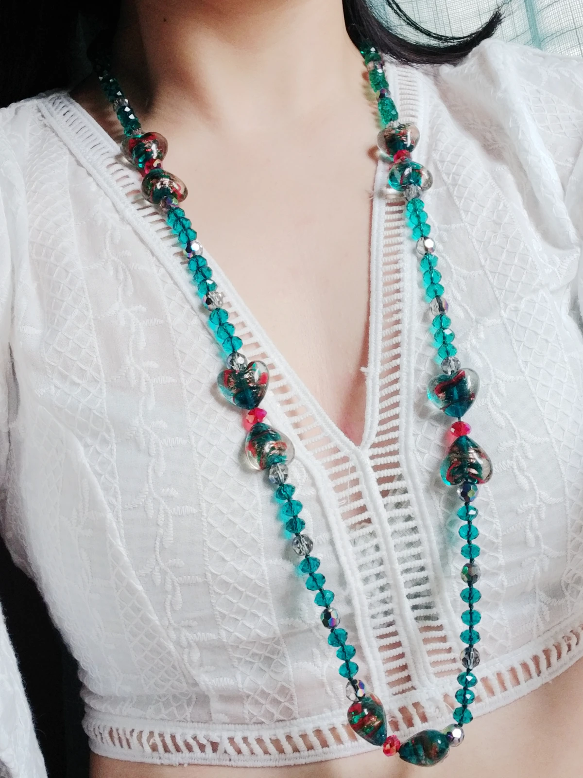 Lii Ji Green Long Necklace Crystal Italy Glass Heart Shape Women Necklace for Summer Holiday