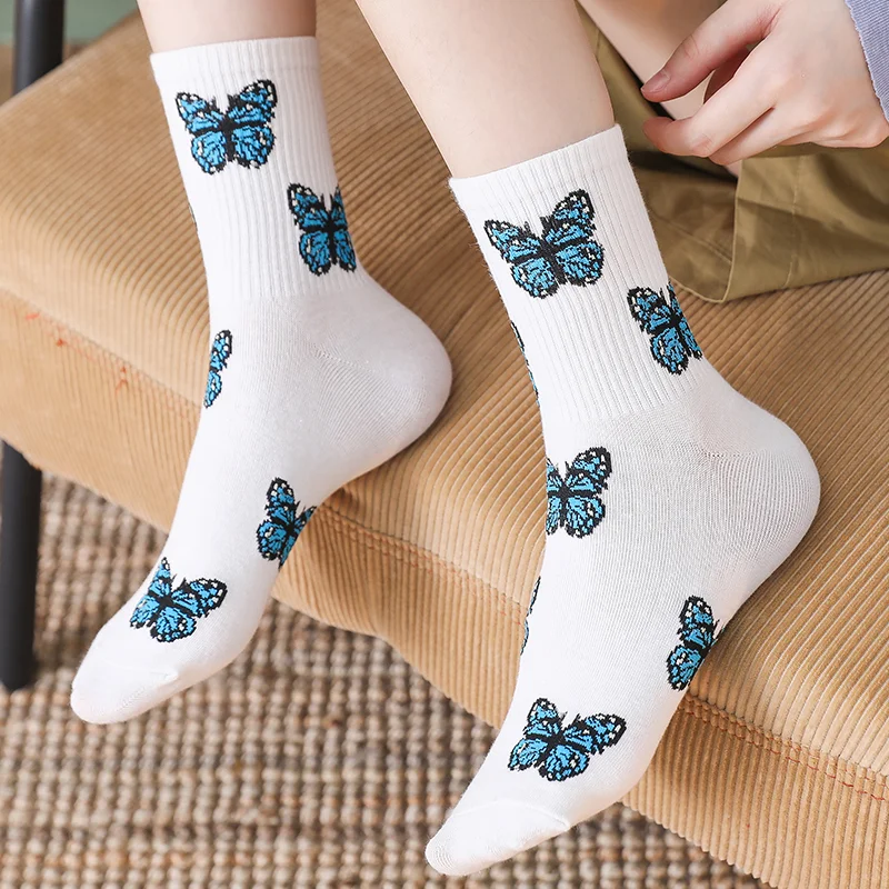 New Butterfly Socks Women Streetwear Harajuku Crew Kawaii Stripe Fashion Ankle Funny Embroidered Expression