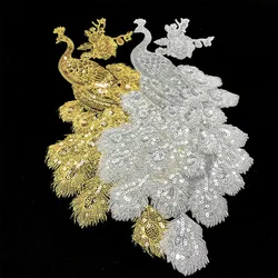 Embroidered Gold Silver Sequin Feather Peacock Peahen Sew Iron On Patches Badges Appliques For Wedding Gown Dress DIY Decoration