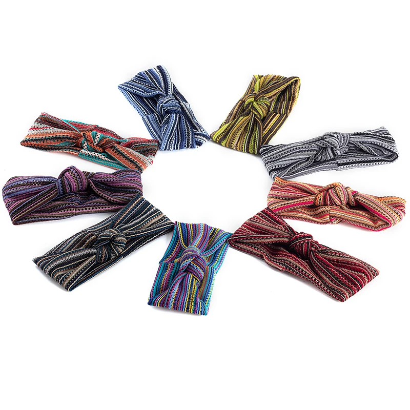 Geebro Ethnic Style Knotted Hollow Summer Stripe Design Women Boho Bow Headbands Vintage Bandana Printed  Stripe Hairband