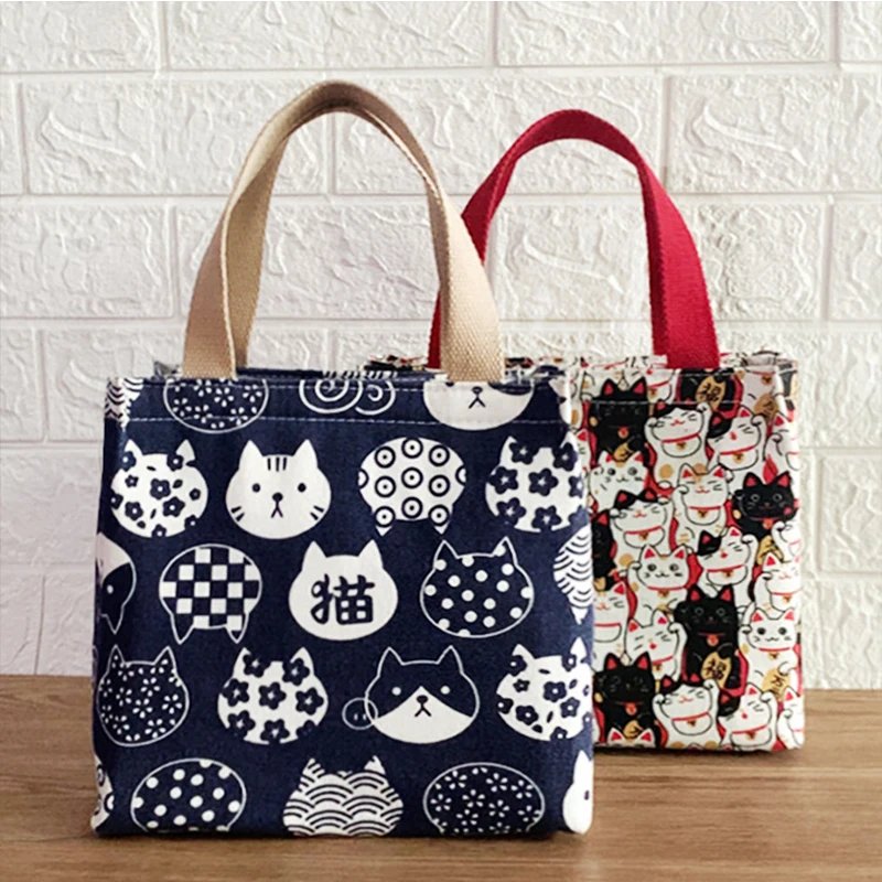 Cute Cat Pattern Canvas Portable Thermal Bag Lunch Box Student Office Worker Kawaii Bento Bag Waterproof Aluminum Foil