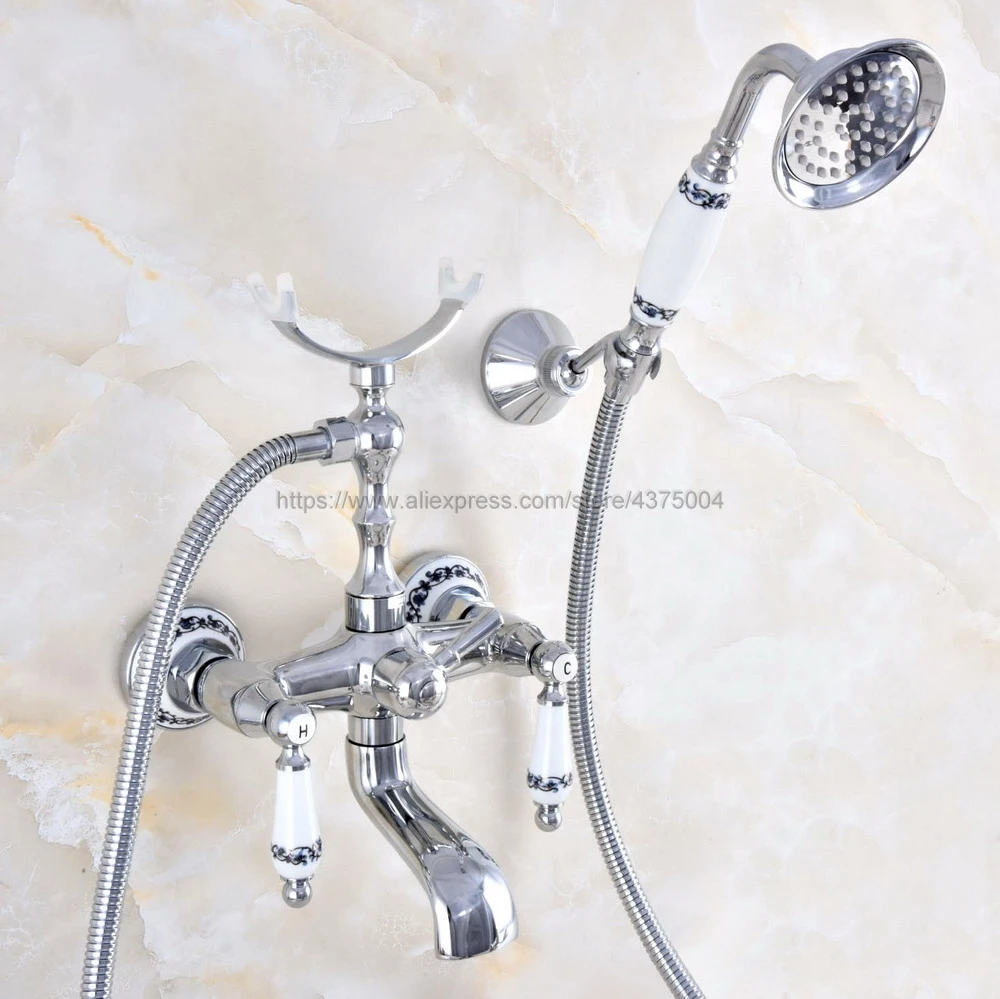 Bathtub Faucets Chrome Wall Mounted Bathtub Mixer Faucet Double Handle Tub Water Taps With Ceramic Handshower Nna707