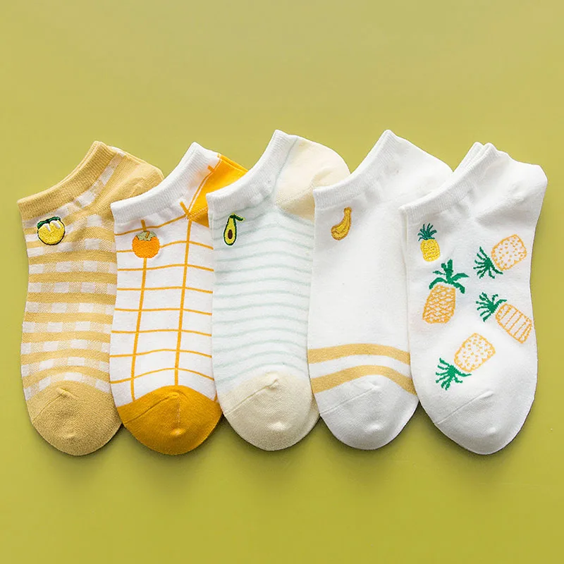 New Spring Summer Women Fashion Cotton Short Heel Socks Yellow Series Fruit Embroidered Cute Breathable Shallow Mouth Boat Socks