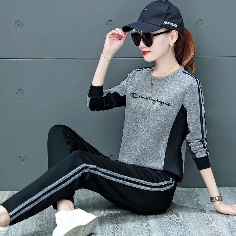 Moda sport w paski Slim 2 sztuka zestaw jesień nowy gorącym stylu koszulka z długim rękawem do biegania kobiety dwuczęściowy zestawy różowy szary