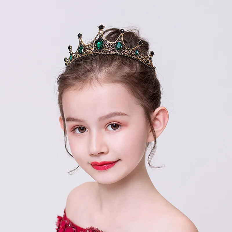 FORSEVEN Baroque Vintage Green Crystal Crown Tiaras Wedding Bridal Hair Accessories Flower Tiara Headpieces tocados para novia