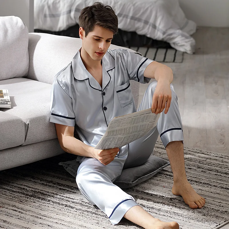 Ice Silk Men Sleepwear Summer Short Sleeve Casual Fashion Pajama Sets Sky Blue Two-Piece Pyjamas Male 90011