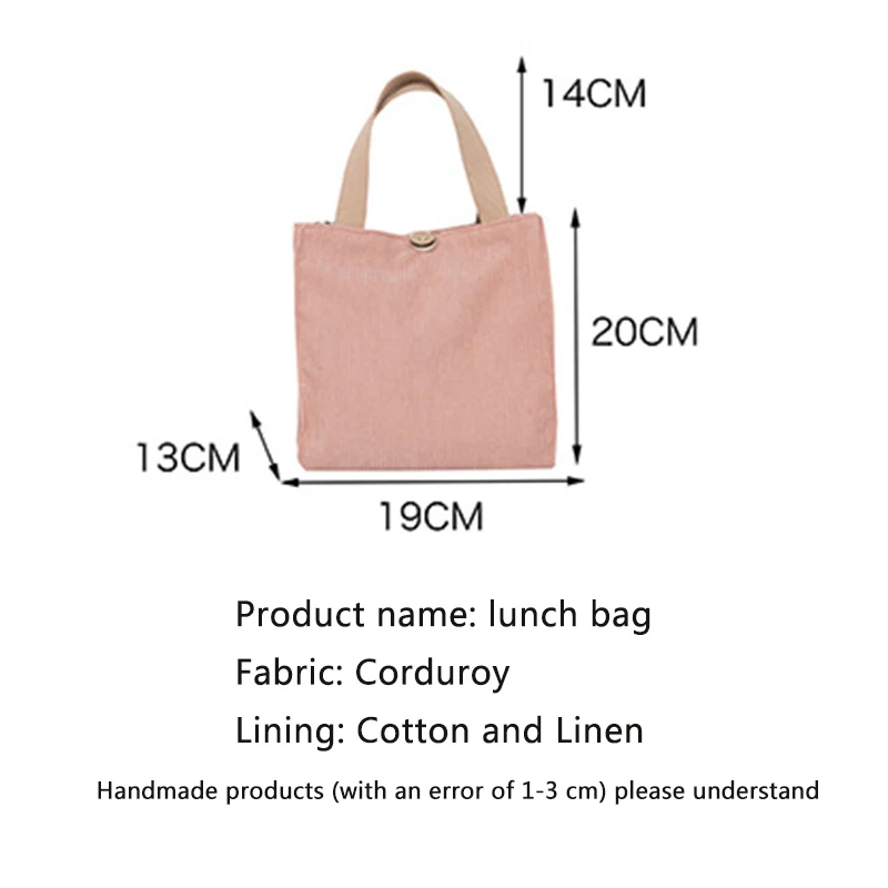 Youda Lunch Bag For Women Canvas Totes Portable Food Bags Picnic Cotton Linen Storag Pack Solid Color Corduroy Student Pocket