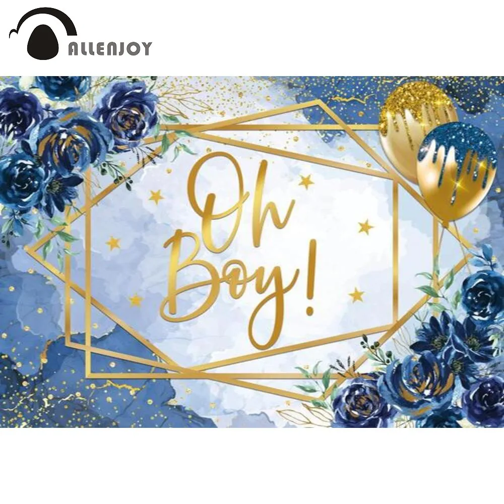 Allenjoy Navy Oh Boy Backdrop Baby Shower Birthday Party Supplies Blue Flower Gold Balloons Stars Banner Cake Table Decor Banner