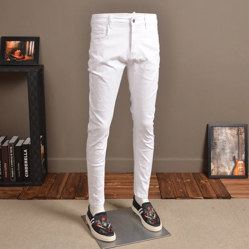 Men\'s Slim Fit White Jeans Summer Ripped Jean Fashion Streetwear Cotton Elastic Distressed Pants for Cowboys