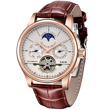 LIGE Brand Classic Mens Retro Watches Automatic Mechanical Watch Tourbillon Clock Genuine