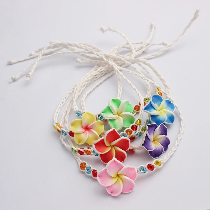 6pcs Mixed Colorful Plumeria Flower Clay Friendship Handmade Braided Cord Bracelets Surf Beautiful Jewellry