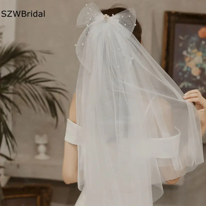 

Ivory Tulle Bridal Veil with Bow Short Wedding veils Cheap Bride accesorios para boda Wesele velo de novia