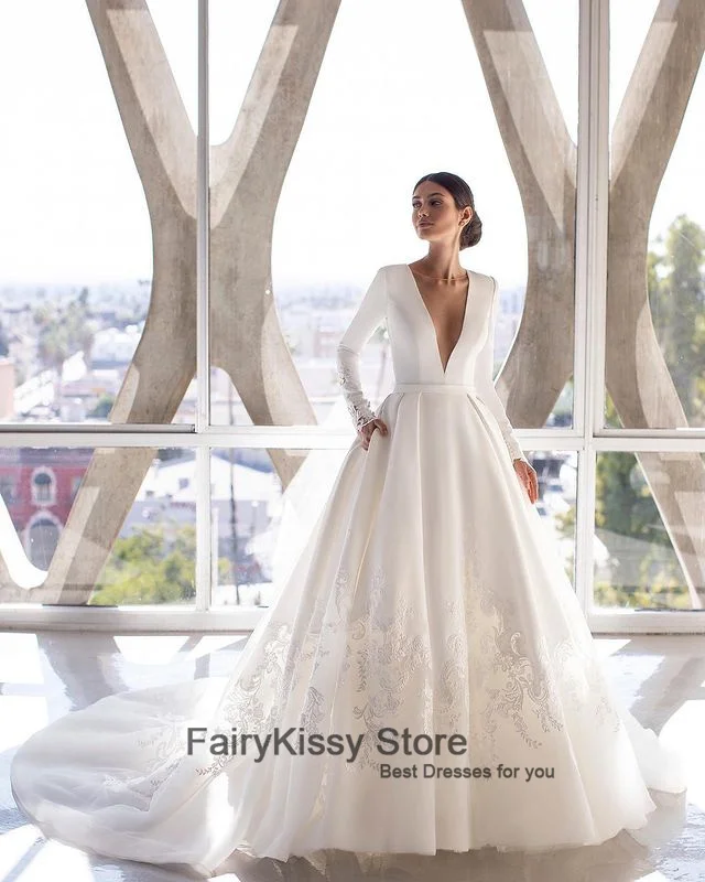 FairyKissy Long Sleeve Lace Wedding Dresses Satin V Neck Bridal Dresses 2022 Newest A-line Wedding Gown Plus Size Robe de mariee