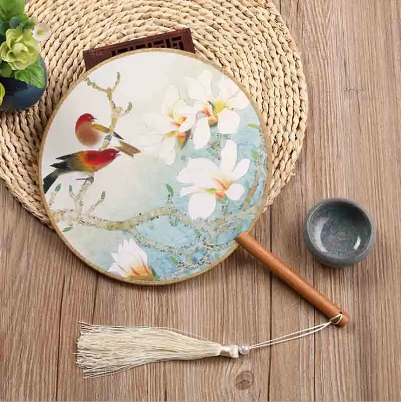 Chinese Hand Fan Hanfu Women Chinese Ancient Round Wooden Handle Printed Fan Chinese Cheongsam Hanfu Hand Fan Gift For Women