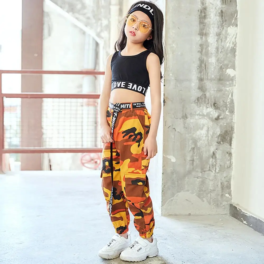 LOLanta Girls Hip Hop Street Dance Solo Clothes Cropped Tank Top/Camouflage Jogger Pants