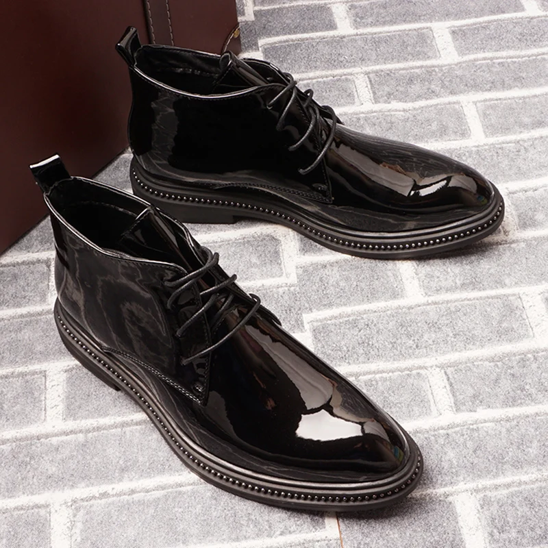 men casual business wedding formal dress patent leather boots black oxfords shoes black handsome ankle boot short botas zapatos