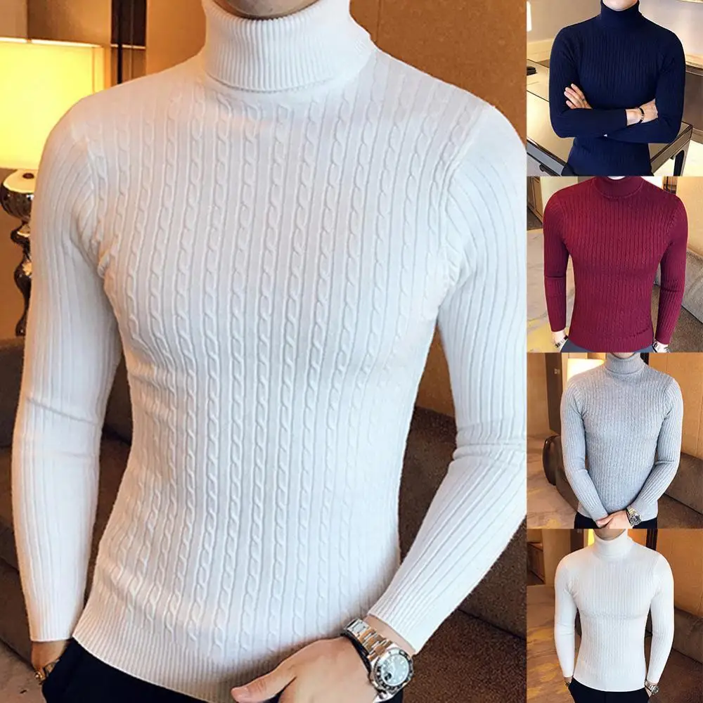 

Winter High Neck Thick Warm Sweater Men Turtleneck Casual Men Solid Color Turtle Neck Long Sleeve Twist Knitted Slim Sweater