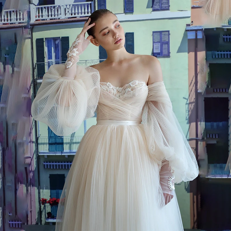 

Flesh Pink Off Shoulder Wedding Dresses Puff Sleeves Sweep Train Tulle Boho Beach Bride Dress Robe