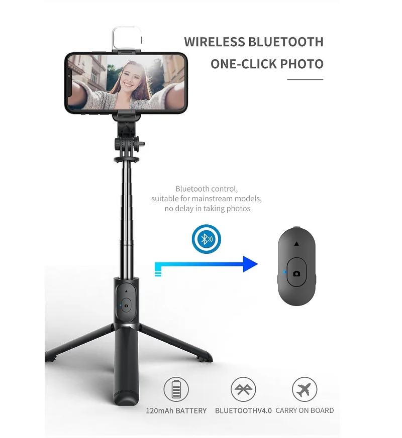 Cool Dier Nieuwe Draadloze Bluetooth Selfie Stick Opvouwbare Uitbreidbaar Statief Monopod Met Led Licht Invullen Voor Iphone Android Telefoon