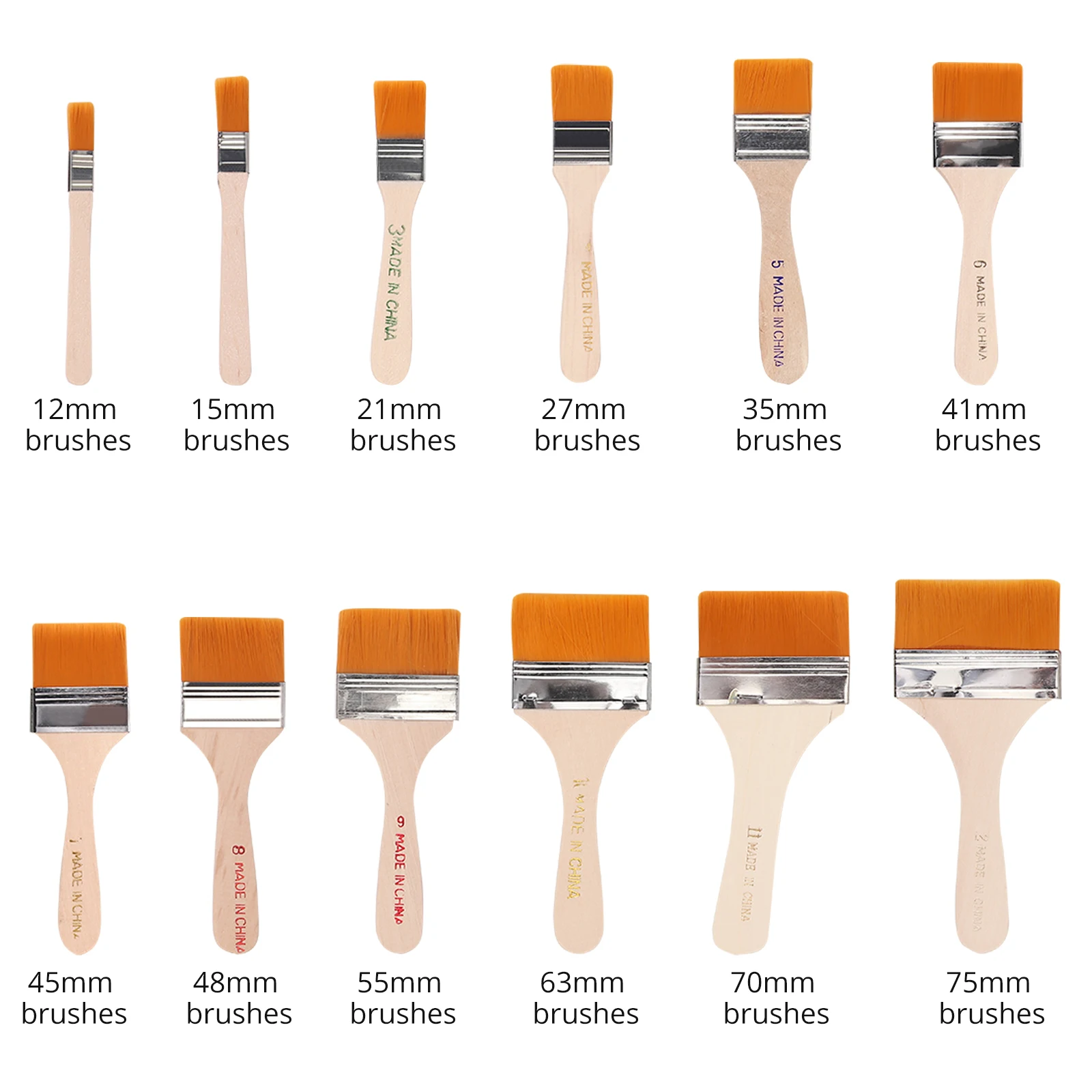JUSTOOL 12 set di 60 pennelli pennelli piatti diverse dimensioni manici in legno massello pennelli piatti per uso domestico per progetti di vernice