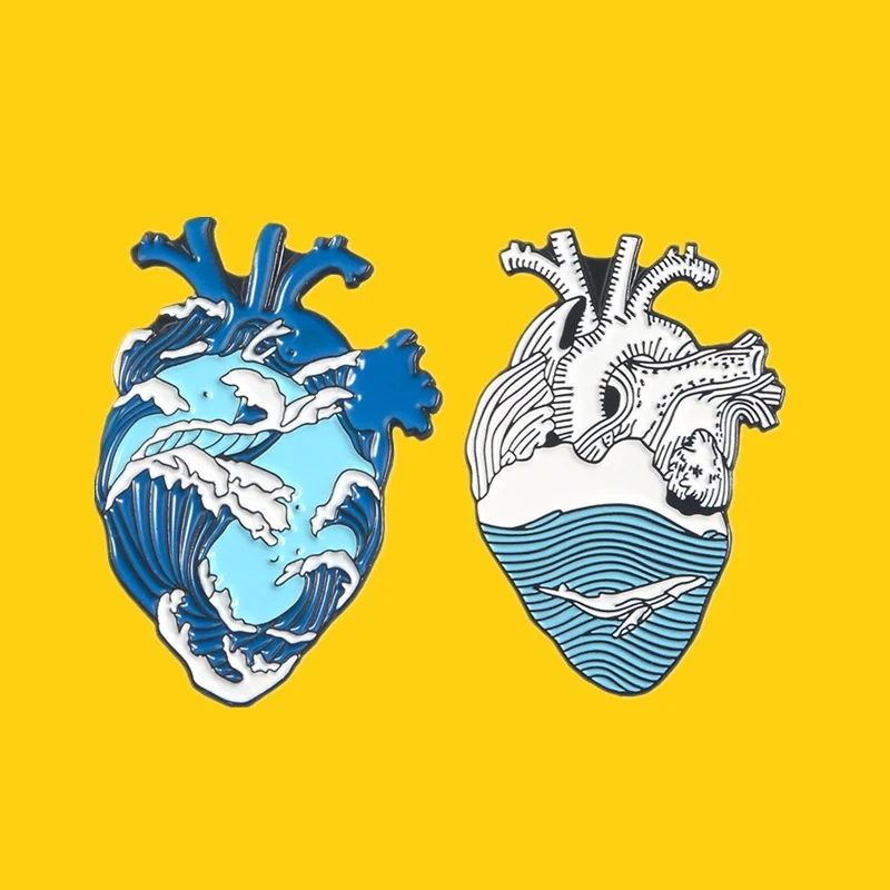 Sea Wave Heart Custom Enamel Pins Blue & White Heart Ocean Whale Brooch Pin Badge Bag Denim Jackets Lapel Pins Fashion Jewelry