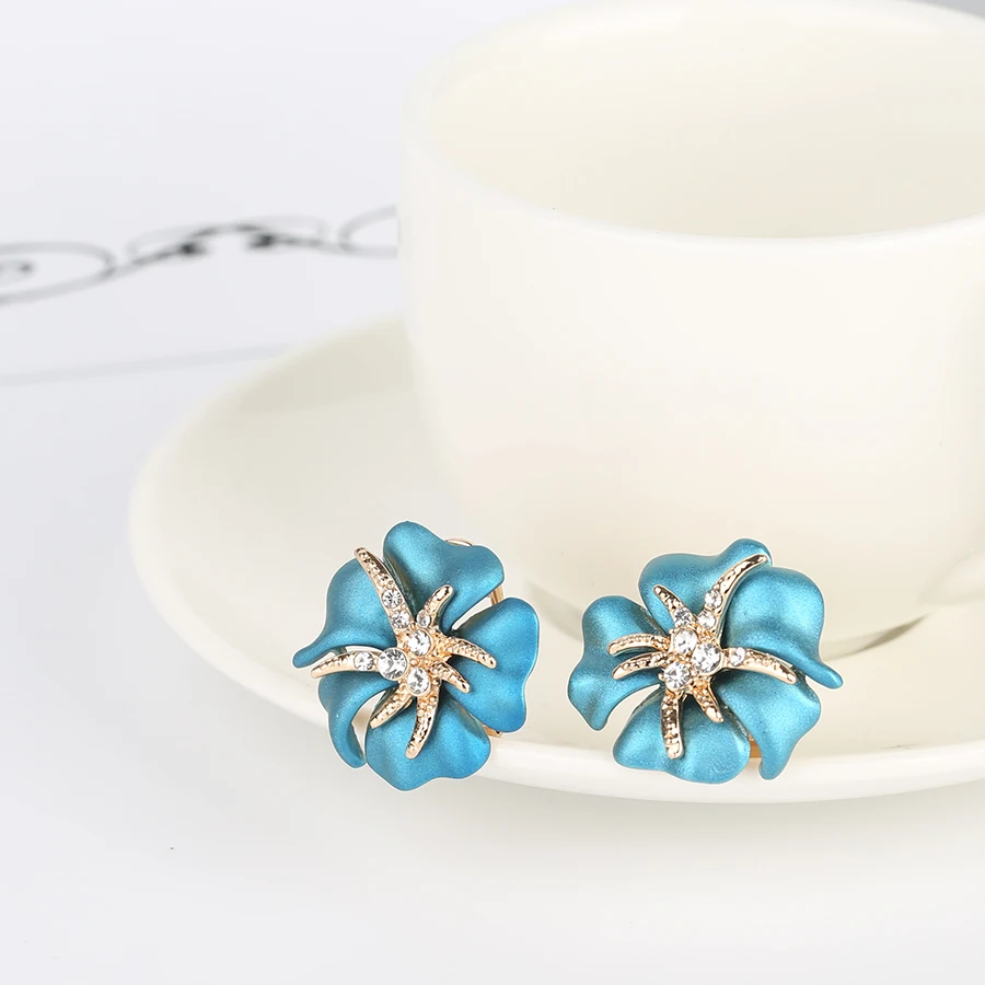 Kinel Hot 2019 Blue Enamel Rose Earring For Women Fashion Gold Crystal Earrings Engagement Vintage Jewelry