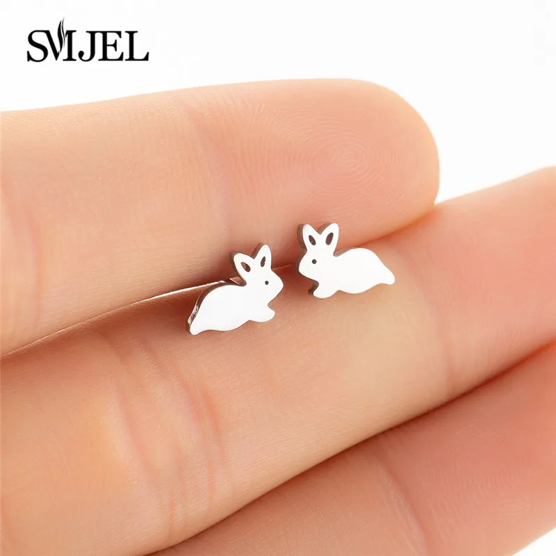 SMJEL Fashion Small Triangle Stud Earrings for Women Girls Christmas Jewelry 2024 Cat Rabbit Deer Animal Earring Love Heart Stud