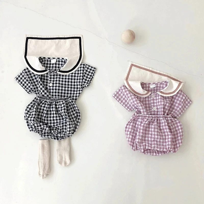 Baby Clothes Plaid tees and Cotton Bloomer 2Pcs Sets Trun-down Collar Toddler Suit Korean Infant Outfits