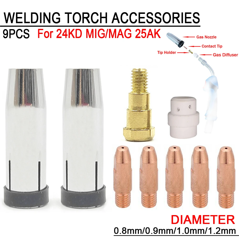 9Pcs 24KD Welding Torch Tips Welder Gun Consumables Gas Nozzle Tips Holder Tips Gas Diffuser for MB-24KD EU Style MIG Torch