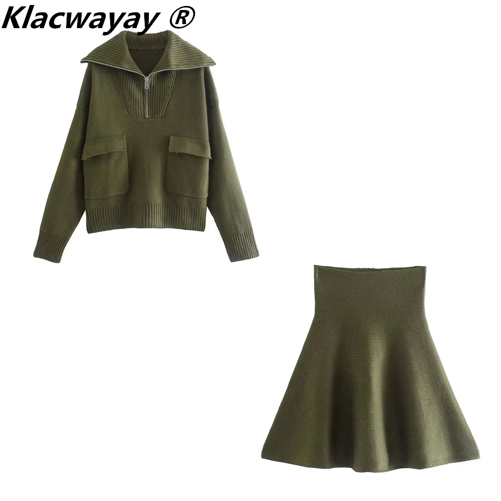 Knitted Skirt Suits For Women Two Piece Set Women Skirt Zipper Solid Color Tops High-Waisted Mini Skirt 2021 Women Knitted Suit