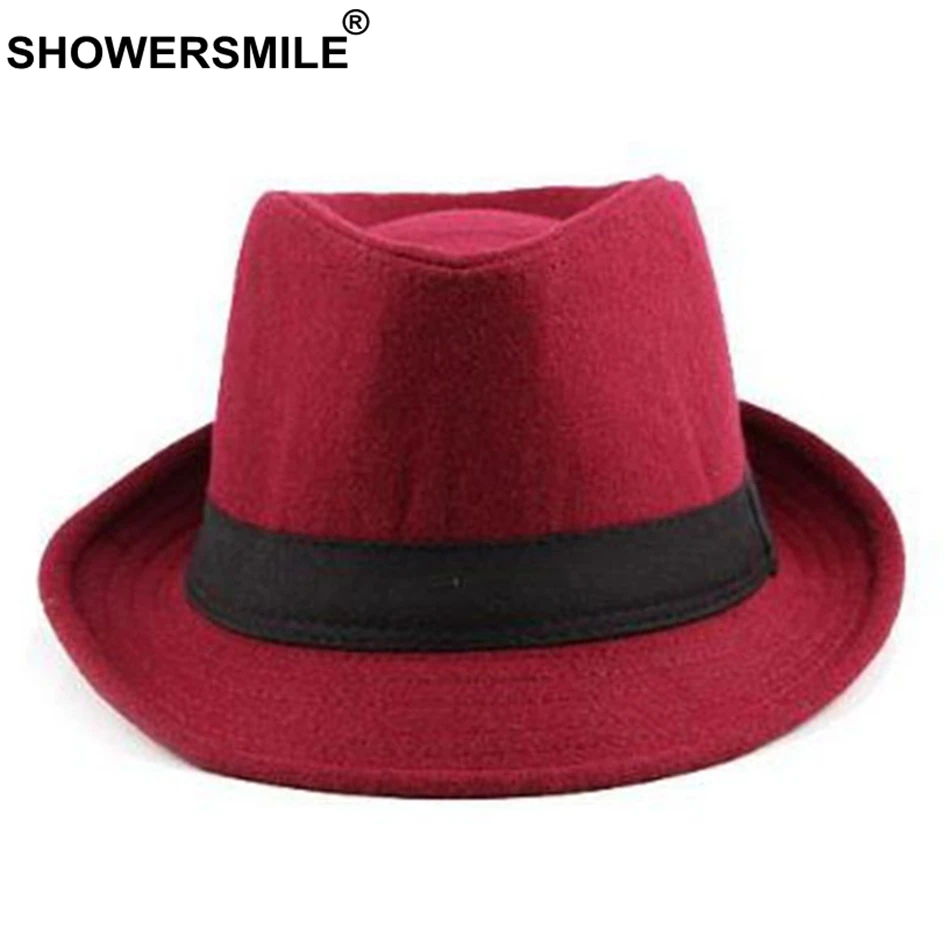 SHOWERSMILE Burgundy Fedora Hat Men Vintage Woolen Jazz Hat Women Casual British Style Classic Autumn Cap And Hat Gentlemen New