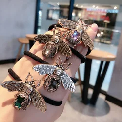 Retro Bee Gem Pearl Metal Hair Ties Elastic Hair Bands for Women Flower Colorful Crystal Hair Accessories Ponytail Rope Headwear