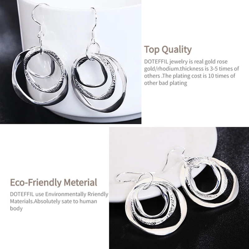 DOTEFFIL 925 Sterling Silver Three Circle Drop Earring For Women Lady Wedding Engagement Party Fashion Jewelry