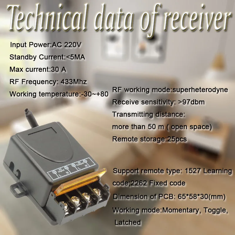 433Mhz Universal Wireless Remote Control Smart Switch AC 220V 30A HighPower 1CHReceiver Module RF Transmitter LightPump Factory