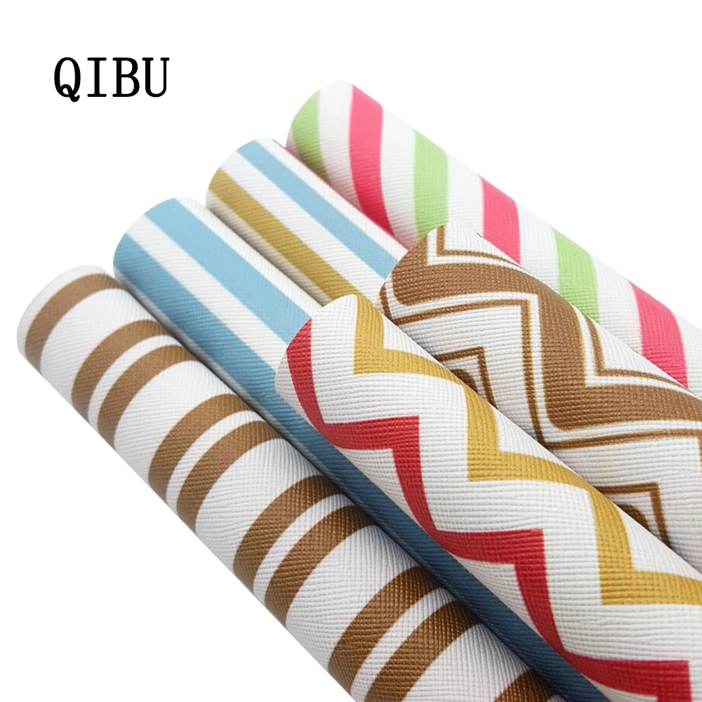 QIBU 22*30cm Faux Leather Fabric Stripe Printed Vinyl Bow Fabric DIY Hair bows Handbags Materials Synthetic Leather Sheets 1pcs