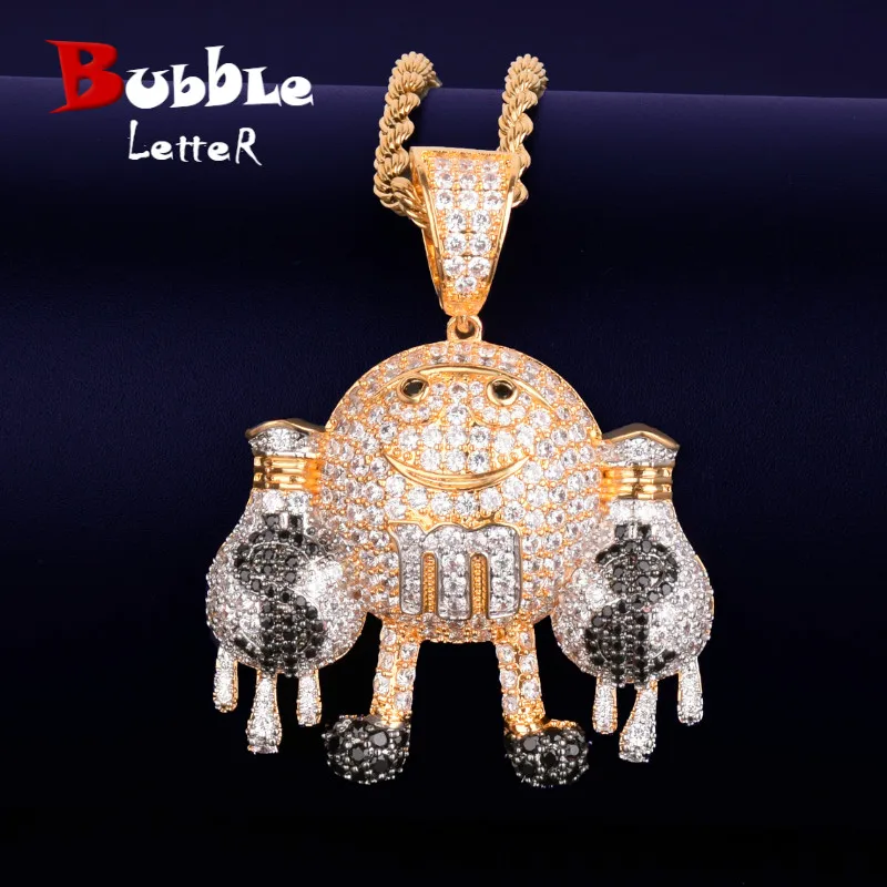 Hand holding Dollar Pouch Dripping Pendant Men's Gold Color Necklace Charm Bling Cubic Zircon Hip Hop Jewelry