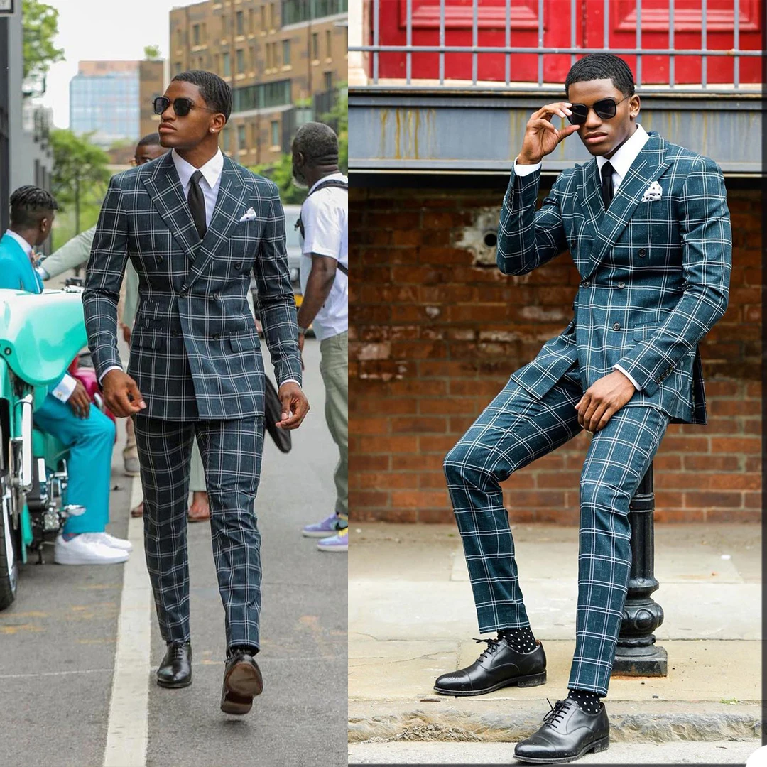 Green Plaid Men Suits Business Casual Custom Made Double Breasted Costume Homme Two-pieces Party Suit Formal Wedding