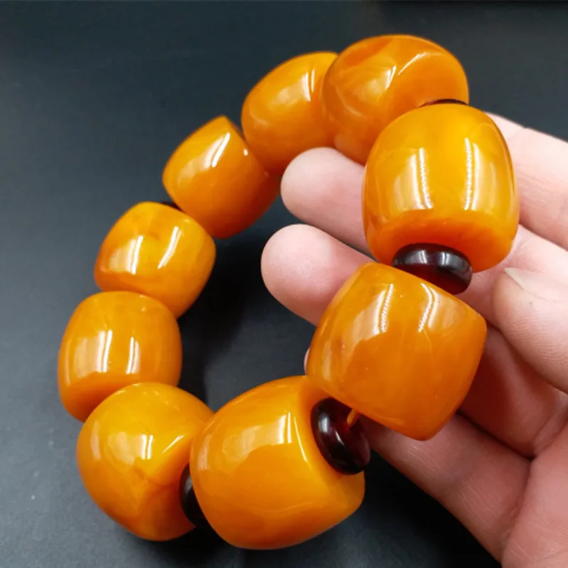 

20mm Amber Yellow Beeswax Old Honey Wax Amber Bracelet Round Barrel Bead Hand Row for Men Hand Bangle Suitable for 15-25cm Free