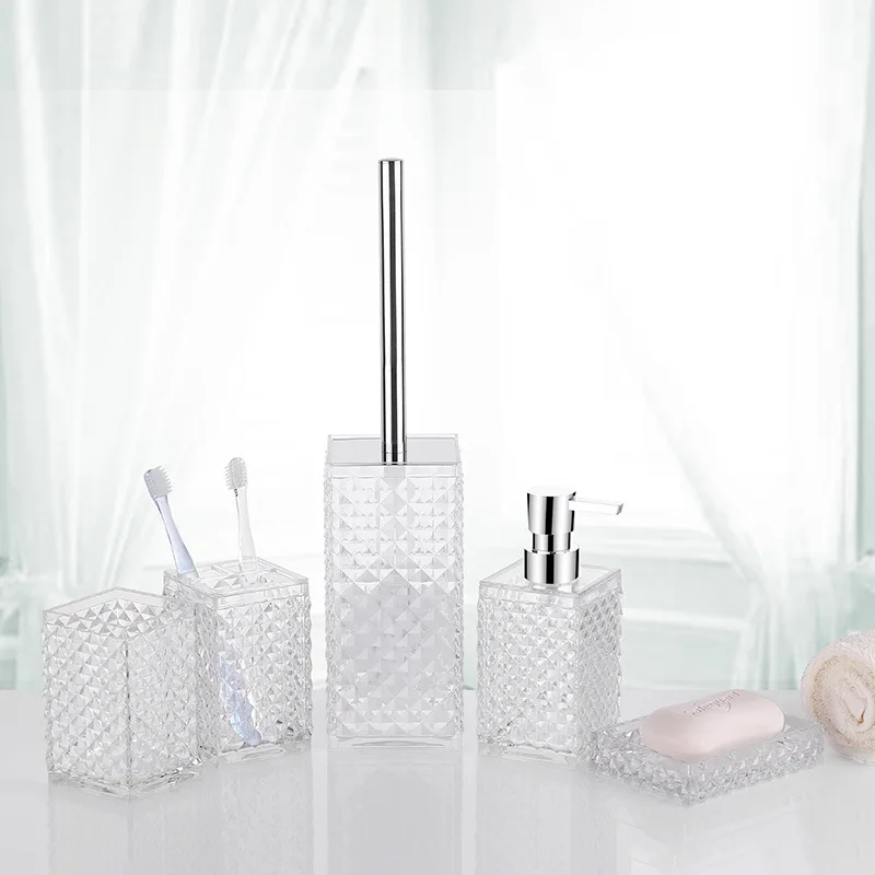 Acrylic Bathroom Accessories Set Toilet Brush Shampoo Dispenser Toothbrush Holder Mouthwash Cup Soap Box 5Pc Restroom Decoration