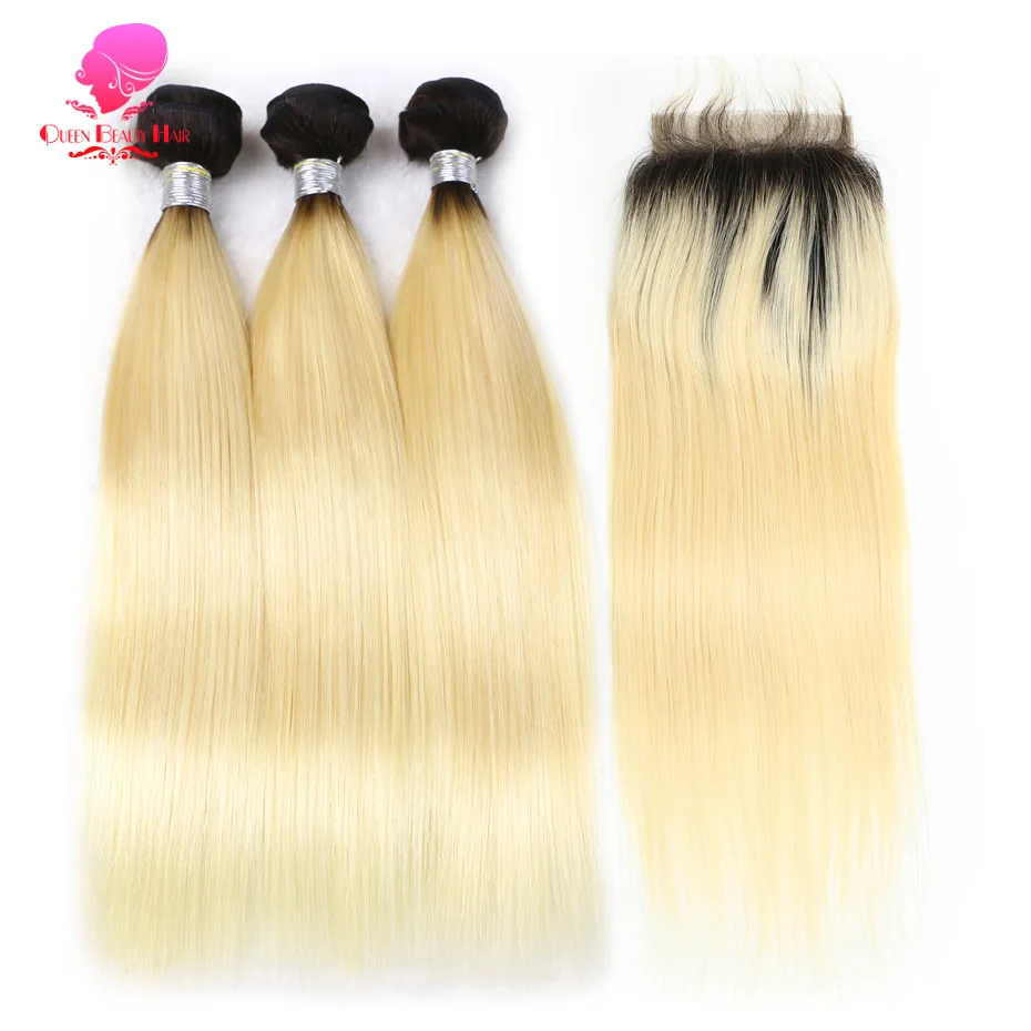 Königin Schönheit 3 Bündel und Verschluss 2 Ton dunkle Wurzeln 1b/613 Ombre blonde brasilia nische gerade Bündel remy menschliches Haar mit Verschluss – Detail 4