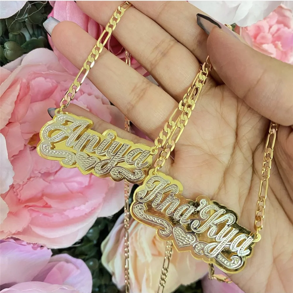 18K Gold Überzogene Doppel Schichten Typenschild Halsketten Angepasst Name Anhänger Hip-hop 3D Halskette Für Frauen Personalisierte Geschenke