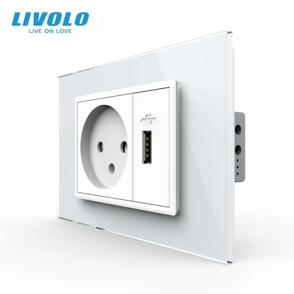 Livolo Israel Socket with Usb Charger , White/Black Crystal Glass Panel, AC 250V16A  Wall Power Socket , VL-C9C1IL1U-11