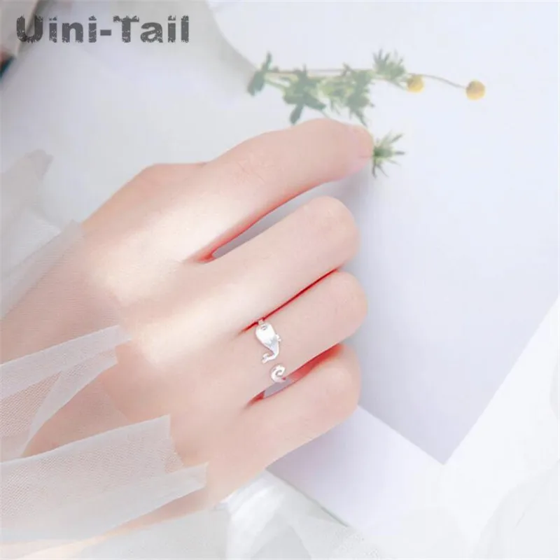 Uini-Tail hot new 925 Tibetan silver simple creative whale opening ring personality cute drawing dolphin marine jewelry JZ023