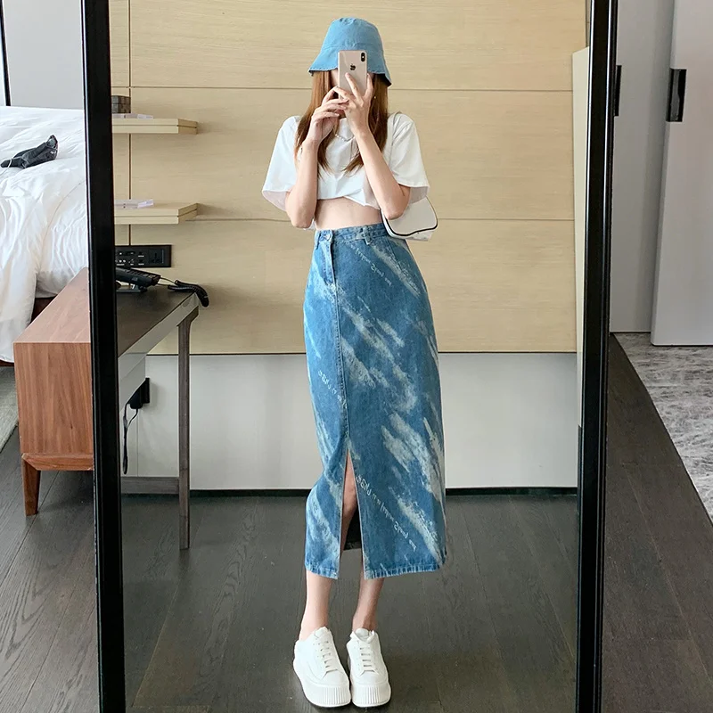 High Korean Waist Front Split Design Women Jean Skirts 2022 Summer New Ladies Tie Dye Mid-Length Straight Skirts Fashion Vintage