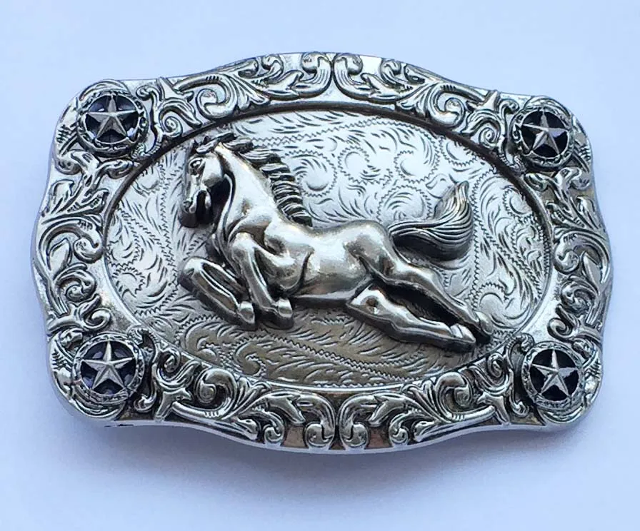 Rectangle Floral Flower Ancient silver Bull&Flying Horse Western Belt Buckle suitable for 4cm wideth belt with continous stock