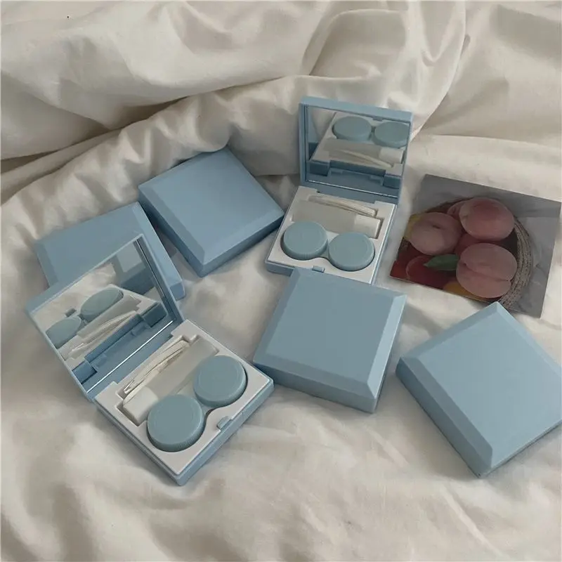 Eye contact lens case for men and women cute mini solid color contact lens container eye care kit lens with tweezers