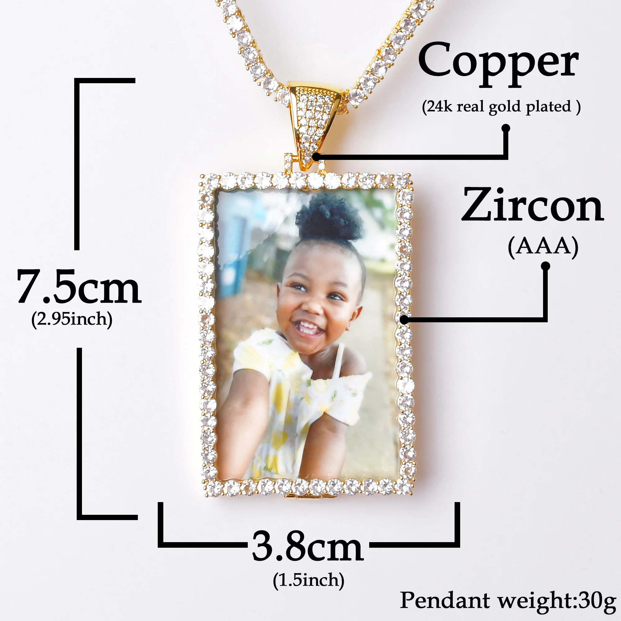 Aokaishen-Colar fotográfico personalizado gelado para homens, medalhão personalizado, pingente retangular, zircão cúbico, joias de hip hop