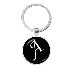 Classic Black A-Z 26 English Letters Keychain Simple Initial Name Art Photo Glass Dome Keyring Birthday Gift
